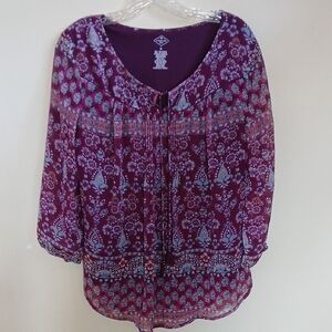 St. John's Bay Purple Floral Tie-Front Peasant Blouse